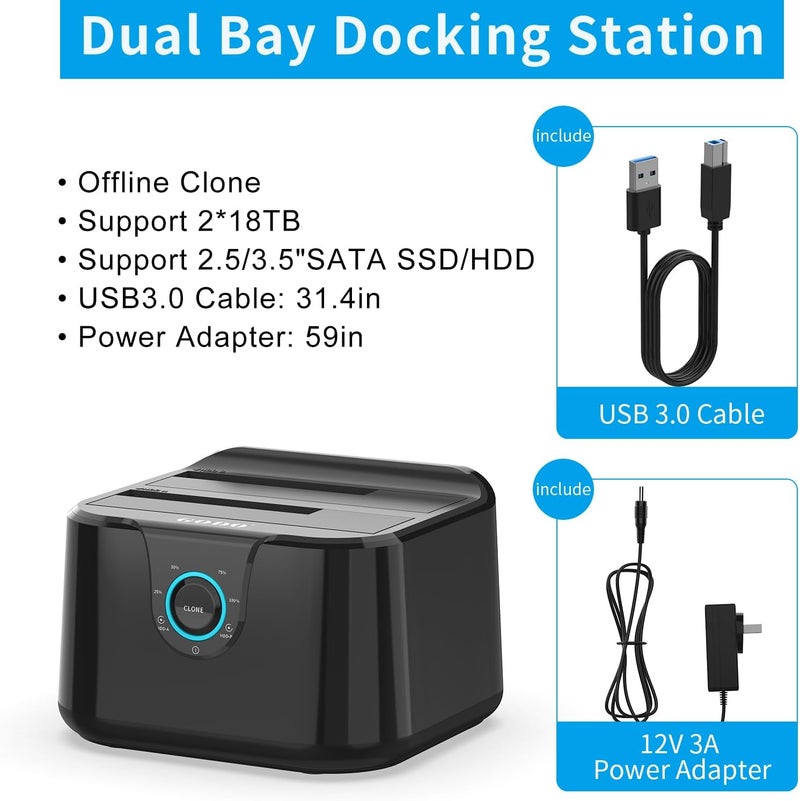 Godo USB 3.0 to SATA III Mini Dual Bay External Hard Drive Docking Station for 2.5/3.5 inch HDD SSD,Support Offline Clone,Hot Pluggable,UASP (5 Gbps) and Max - Image 2